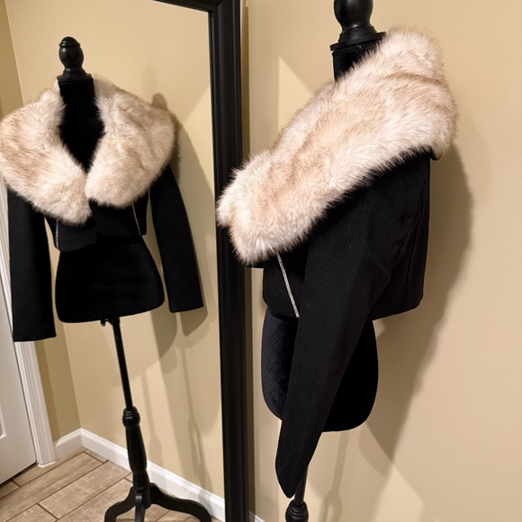 Crop jacket fur collar crop trench coat blazer cardigan rhinestones jacket cape - Picture 2 of 10